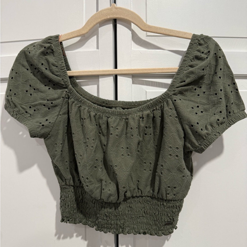 Hollister Olive Green Eyelet Crop Top – Smocked Waist – Size XS